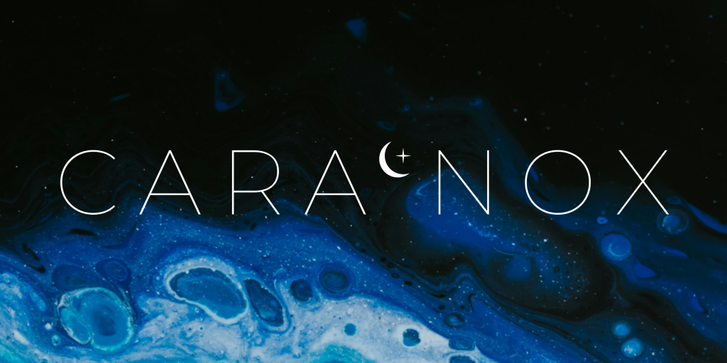Cara Nox's logo overtop of a black and blue, inky diffused background